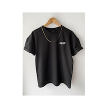 Flood Of Style Erkek Siyah Polizei Baskılı Bisiklet Yaka Oversize Tshirt