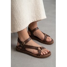 Giamgia Store Kadın Metal Halka Detaylı Çok Bantlı Rahat Düz Taban Günlük Kahverengi Sandalet Veyron11-2414