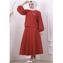 Lovie Moda Kadın Yıldız Taşlı Etekli Takım Kırmızı