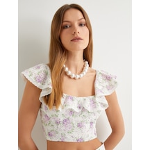 Koton Crop Fisto Çiçekli Üst Fırfırlı Pamuklu Lila Desenli 4sak30059ew Lila