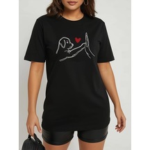 Sensuelle Kadın Kısa Kollu Bisiklet Yaka Köpek Baskılı Viskon Bluz Siyah