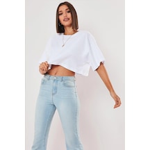 Startmore Beyaz %100 Pamuk Bisiklet Yaka Oversize Crop T-shirt Beyaz