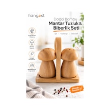 Doğal Bambu Mantar Tuzluk Biberlik Seti 2 Li Baharatlık Standlı Dekoratif Tuz Biber Seti Bej