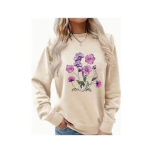 Herkesemoda Mor Çiçek Demeti Baskı Detaylı Bisiklet Yaka İçi Polarlı Sweatshirt Bej