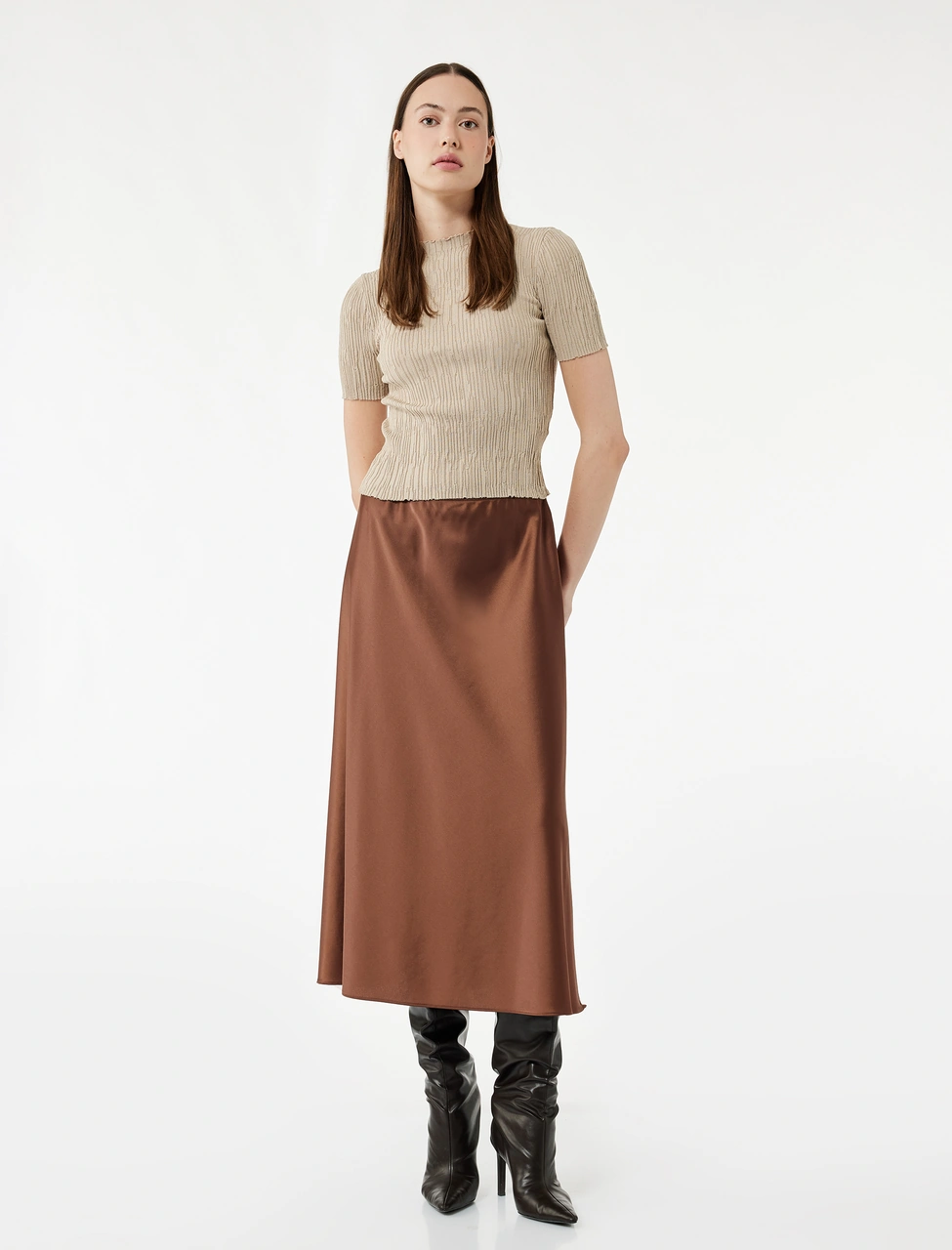 Koton Standart Bel Regular Fit Saten Midi Etek Kahverengi 6wak70006pw Kahve