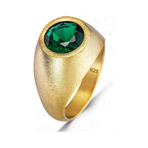 925 Ayar Gümüş Altın Kaplama Yuvarlak Yeşil Zirkon Taşlı Sade Erkek Yüzük Gümüş