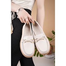 Nesilshoes Eliz 24103 Bej Hakiki Soft Deri Rok Günlük Kadın Ayakkabı