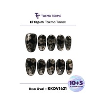 Kkov1631 Siyah Kısa Oval 15'li Tekrar Kullanılabilir El Yapımı Protez Takma Tırnak M
