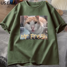Flood Of Style Mr Fresh Meme T Shirt Turuncu Kedi Yeme T-shirt Yan Göz Komik Meme Kedi Kameraya Bakan Gıda T Yeşil