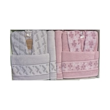 Fiore Line Gri Pembe Bambu Aile Bornoz Seti Bornoz Gri - Pembe