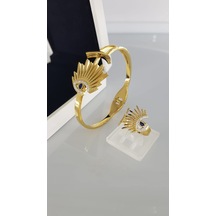 Göz Tasarım Kelepçe Yüzük 316l Çelik Set Gümüş - Rose Gold