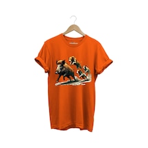 Avcılık Hunter Domuz Avı Ve Av Köpekleri Baskılı Regular Fit %100 Pamuk Turuncu T-shirt Turuncu