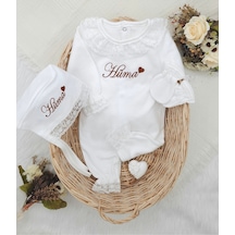 Gros Shop Yeni Doğan Dantelli 3'lü Hastane Çıkış Tulum Seti Kişiye Özgü İs Kahverengi