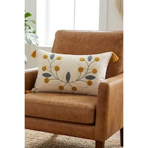 Tomurcuk Botanik Dal Ve Yaprak Motifli Punch Nakışlı Püsküllü Pamuk Kırlent Kılıfı 35x55 Cm Sarı