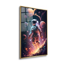 Gezegenler Arasında Işıklı Astronot Gold Çerçeveli Cam Tablo