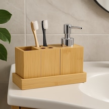 Doğal Bambu 3 Lü Banyo Seti Sıvı Sabunluk, Diş Fırçalık Ve Organizer Stand Br-6710 Ahşap
