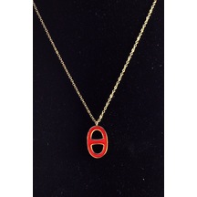 Altın Renk Kırmızı Oval Çelik Kolye - 2464 Altın