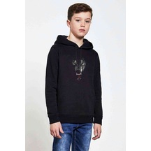 Tshirthane Kurt Mozaik Wolf Baskılı Unisex Çocuk Kapüşonlu Siyah Sweatshirt Siyah