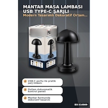 Mantar Masa Lambası Dokunmatik Usb Type-c Şarjlı Oval Dekoratif Siyah Başucu Aydınlatma Bx-316869 Diğer