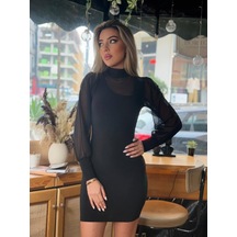 Efnaz Style Kadın Balıkçı Yaka Transparan Detay Fırsat Ürün Sandy Kumaş Mini Elbise Siyah