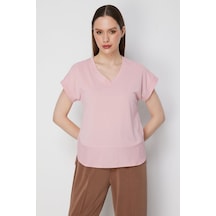 On Kadın V Yaka Parçalı T-shirt 71475 Pudra