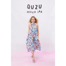 Quzu Halter Yaka Çiçek Desenli Uzun Elbise Mavi Mavi