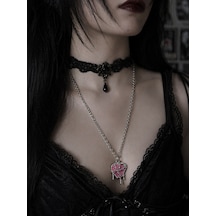 Gotik Pembe Kalp Kolye Zincir Detaylı Unisex Metal Kolye Çok renkli
