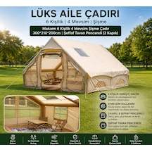 6 Kişilik 4 Mevsim Şişme Çadır - 300x210x200 Cm Şeffaf Tavanlı 2 Kapılı Açık Bej