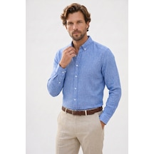 Tudors Erkek Slim Fit Dar Kesim Uzun Kollu Keten Premium Seri Düğmeli Yaka Spor Mavi Gömlek-50892