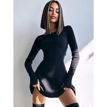 Kadın Uzun Kollu Bisiklet Yaka Kısa Kaşkorse Elbise Siyah