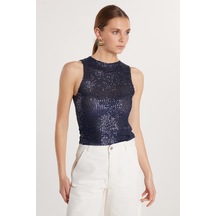 Tudors Kadın Slim Fit Dar Kesim Sıfır Kol Payetli Halter Yaka Lacivert Bluz-33444 Lacivert