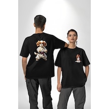 Cavailer King Charles Spaniel Karate Siyah Oversize Unisex Ön Ve Sırt Baskılı Tişört Siyah