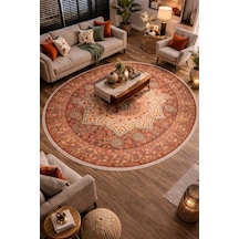 Frenda Home Vintage Desen Pamuk Taban Baskılı Yıkanabilir Yuvarlak Halı Kırmızı