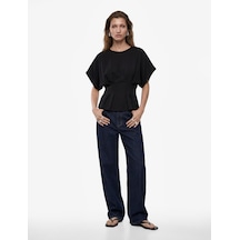 Koton Viskon Kumaş Slim Fit Bisiklet Yaka Kısa Kollu Belden Oturtmalı Pileli Bluz Siyah 7wak60039pw