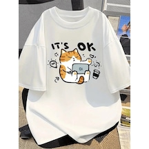 Tarzsokak It's Ok Cute Cute Cate Oversize Unisex Beyaz