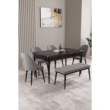 Milas Siyah Mermer Desen 80x132 Mdf Açılabilir Mutfak Masası Takımı 4 Sandalye, 1 Bench Gri