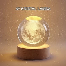 Cosmotex 8 Cm Ay Desenli Kristal Küre Sıcak Led Işıklı Ahşap Tabanlı Oda Lambası