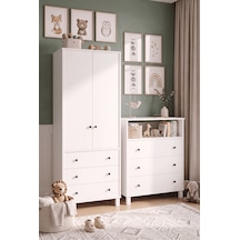 Robin Home Lena Bebek Çocuk Odası Takımı Yüksek Şifonyer 3 Çekmece Raflı + Gardrop Gardırop Elbise Dolabı Beyaz