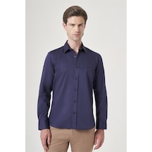 İmza Lacivert Sert Yaka Uzun Kol Cepsiz Saten Slim Fit %100 Pamuk Gömlek 1004260424