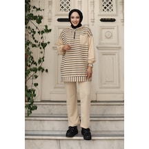 Genel Markalar Moda Efsa Tesettür Giyim Kapüşonlu Ve Önü Yarım Fermuarlı Çizgili 2 İplik Pantalon İle Tunik Takım Bej Bej