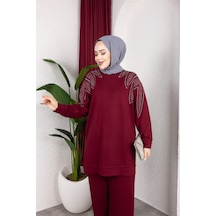 Hira Life Fashion Moda Efsa Kadın Bordo Tesettür Giyim Zarif Taş Detaylı Tunik & Pantolon İkili Takım Bordo Bordo