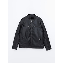 Lcw Vision Siyah Slim Fit Biker Yaka Erkek Deri Görünümlü Ceket