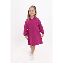 Toontoy Kız Çocuk Baskılı Oversize Kapüşonlu Cepli Uzun Kollu Elbise - Mürdüm