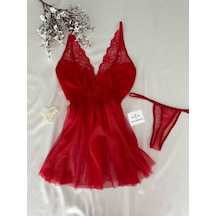 Mh Moony Homewears Aceline Kırmızı Saten Göğüs Kaplı Mini Tül Gecelik İç Giyim Kırmızı