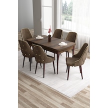 Canisa Tia Serisi 80x132 Açılabilir Mdf Barok Ahşap Desen Gold Detay Masa Takımı Ve 6 Kahverengi Sandalye Masa Barok Ahşap Desen Sandalye Kahve