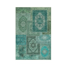 Cool Halı Patchwork Yeşil Turkuaz Vintage Eskitme Bohem Şönil İnce Halı Salon Oturma Odası Halısı