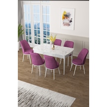 Canisa Zen Serisi 80x132 Mdf Açılabilir Beyaz Mermer Desen Masa Takımı Ve 6 Mor Sandalye Masa Beyaz Mermer Desenli Sandalyeler Mor