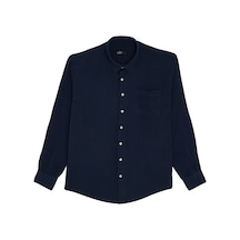 Tudors Erkek Relax Fit Rahat Kesim Oversize Müslin Viskon Pamuklu Tek Cepli Düz Lacivert Gömlek-42672