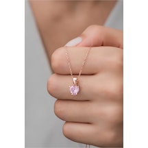 925 Ayar Gümüş Pembe Taşlı Kalp Kolye Rose Gold