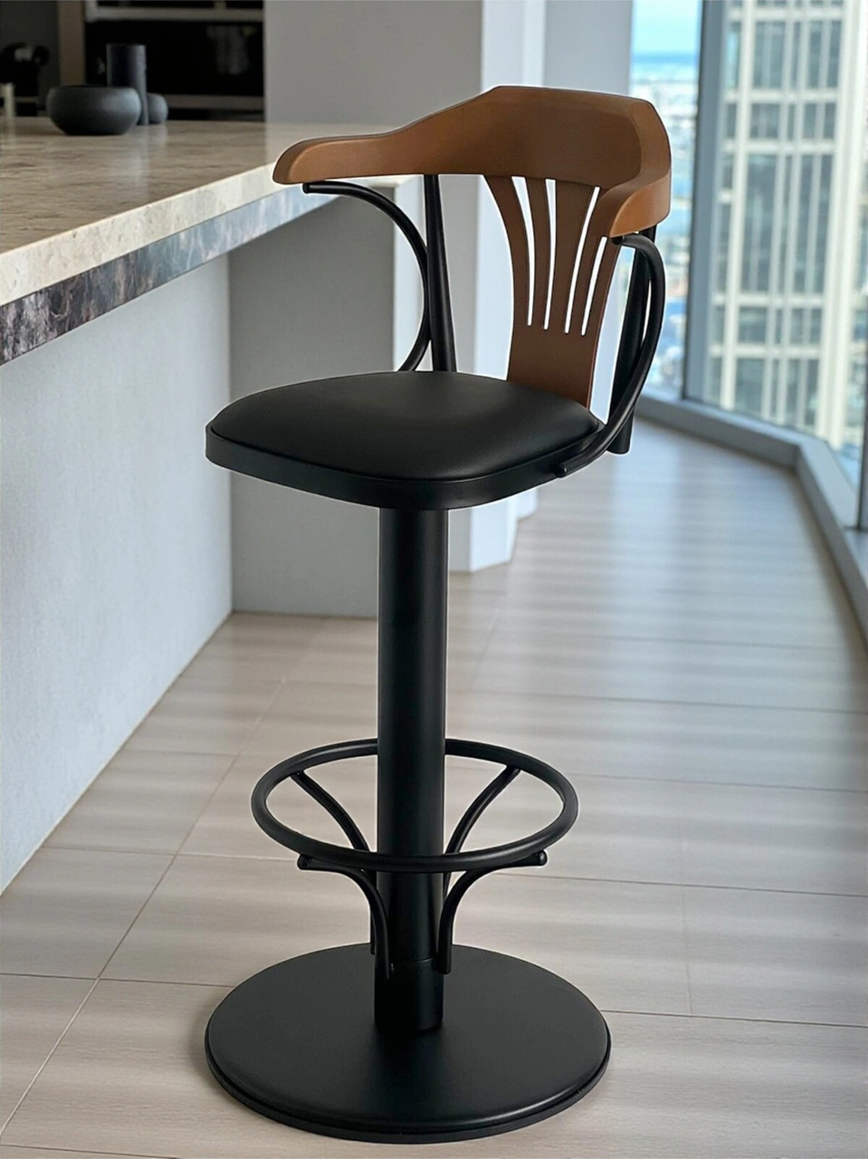 Dengema T168/75 Dönerli Bar Sandalyesi Siyah Deri Oturum, İnegöl Ceviz Sırt 75 Cm Yükseklik Siyah - Ceviz